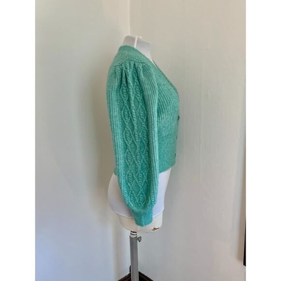 VTG 90s y2k Green Knit Cropped Sweater Mutton Sleeves Cable Argyle Cardigan Med - Picture 10 of 16